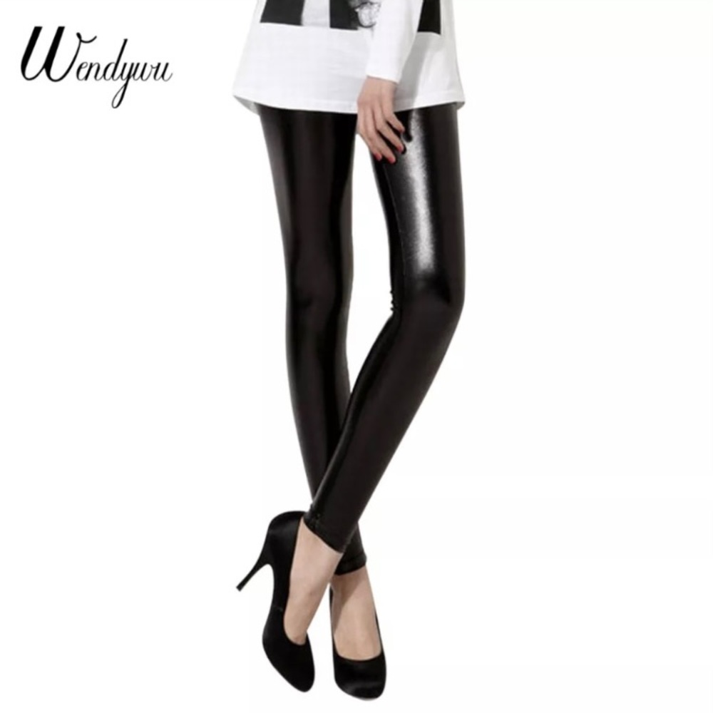 New Hot Women Sexy Stretch Solid Silver Leather Ankle-Length Bodycon Leggings
